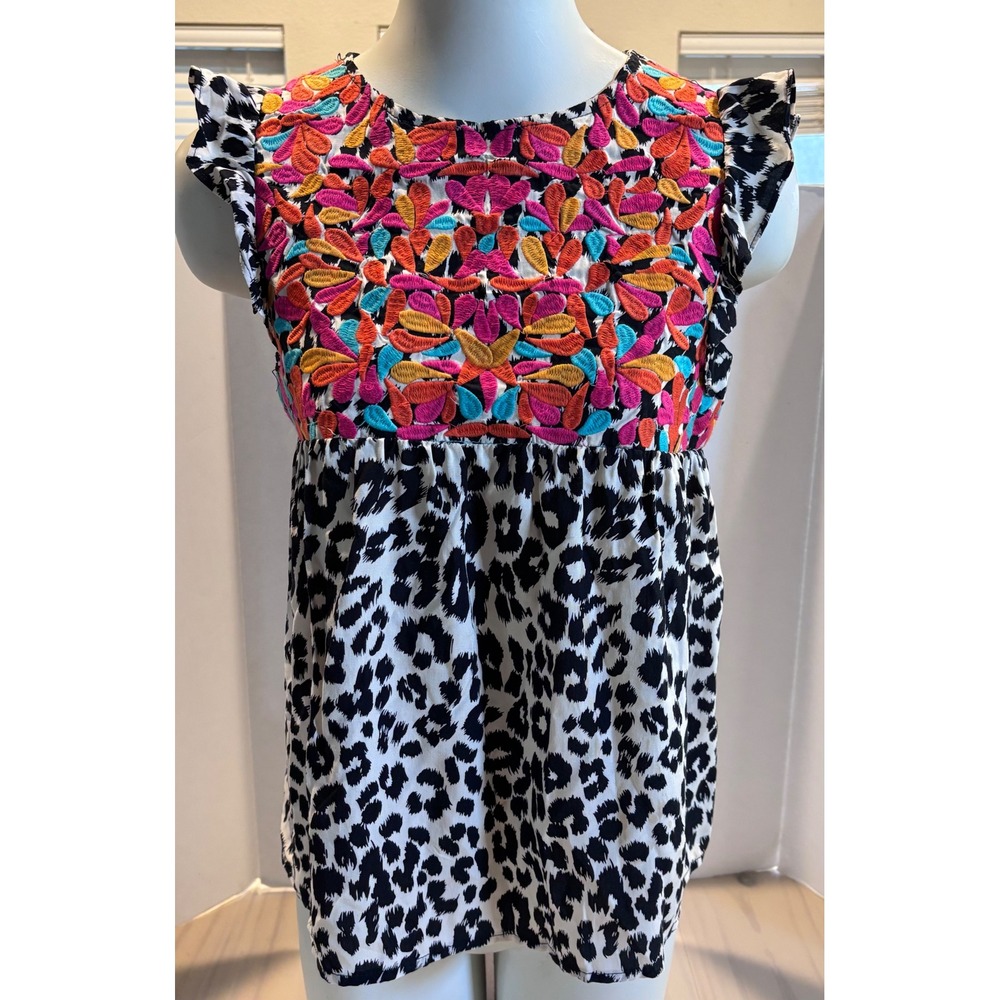 THML Women's‎ Boho Embroidered Leopard Print Cap Sleeve Top Black XS Hippie